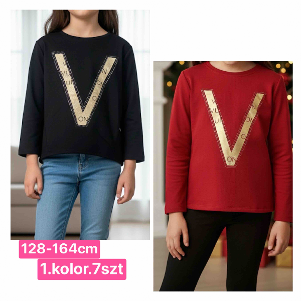 Bluzki dziewczęce Roz 128-164, 1 kolor Paczka 7 szt